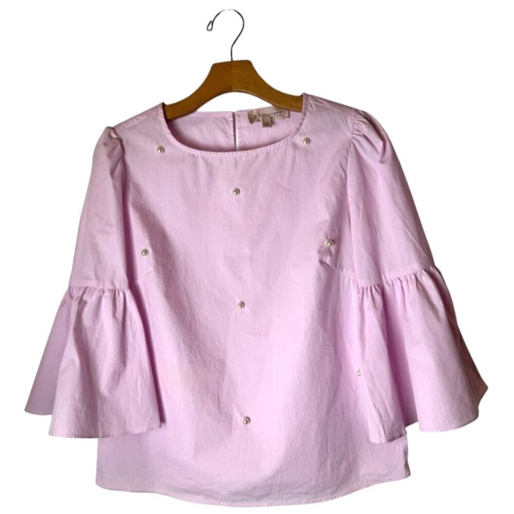 Philosophy Shirt Women XS Pink Cotton Pretty In Pink Pearl Bell Sleeve Top‎